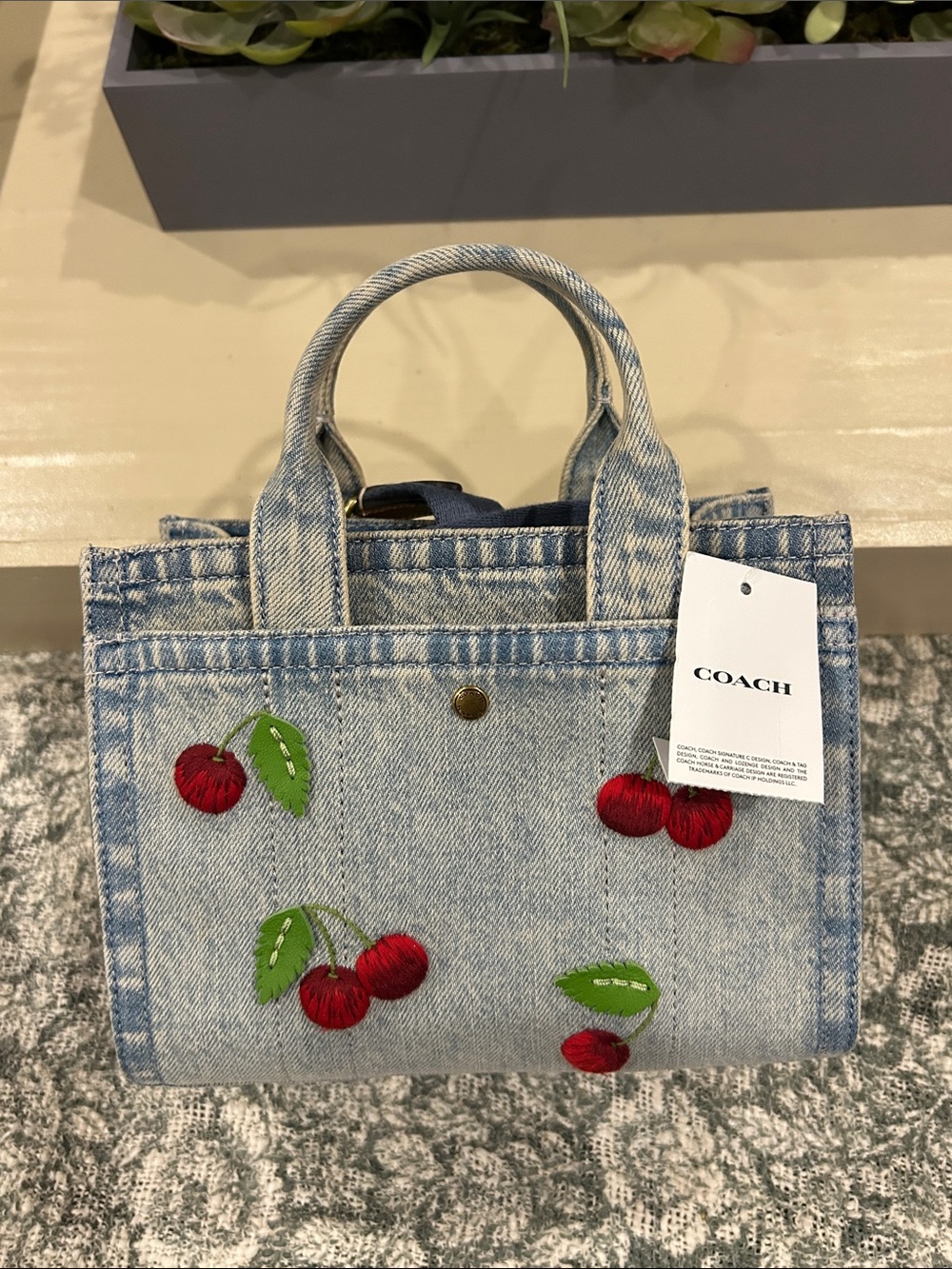 Small Coach New York Denim Cherry Tote Bag - Light Blue/Red - Picture 3 of 6